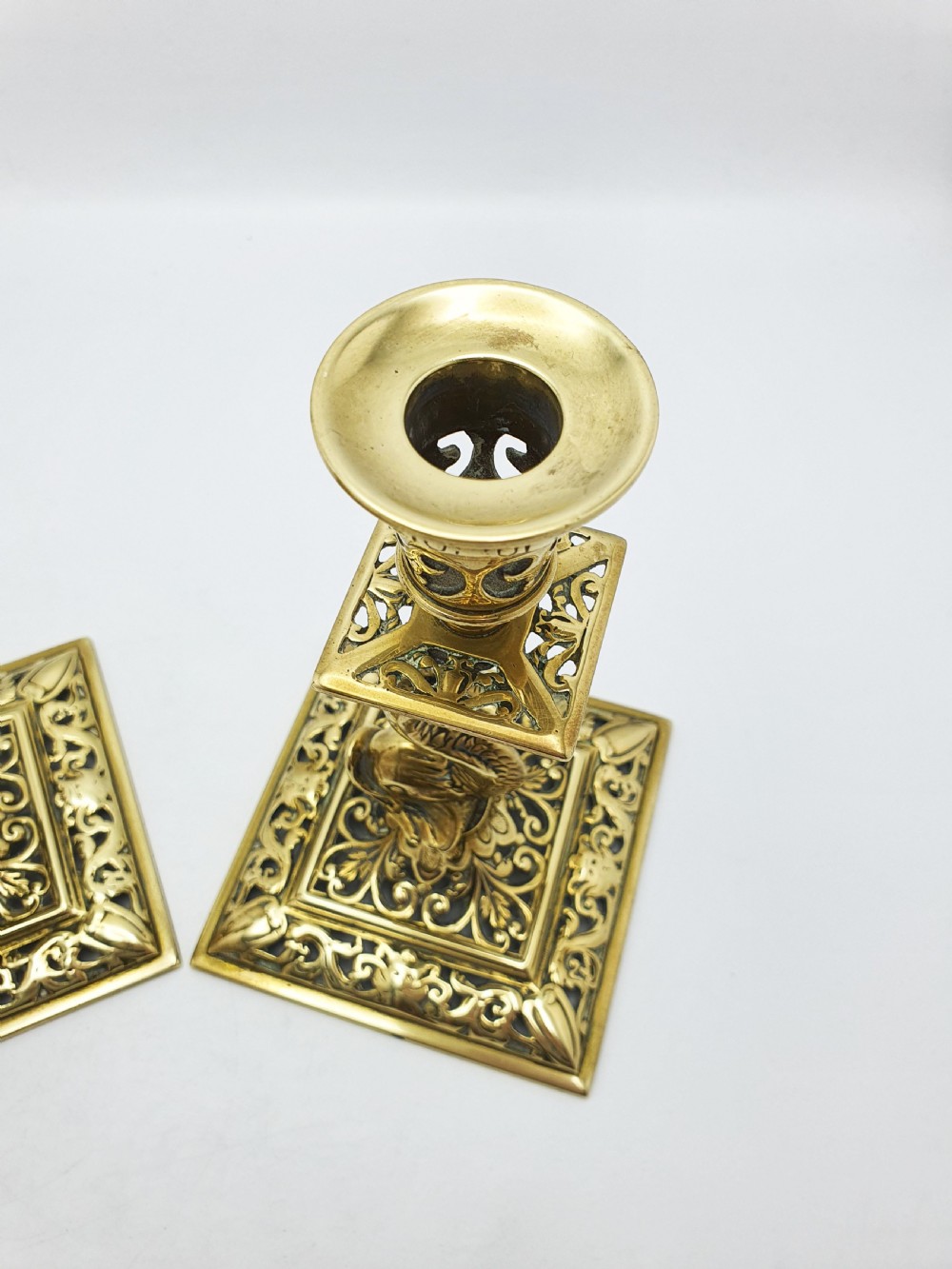Nice Pair of Victorian Brass Dolphin Candlesticks - 1890 View VI