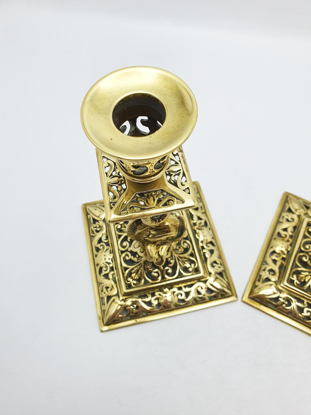 Nice Pair of Victorian Brass Dolphin Candlesticks - 1890 View VII