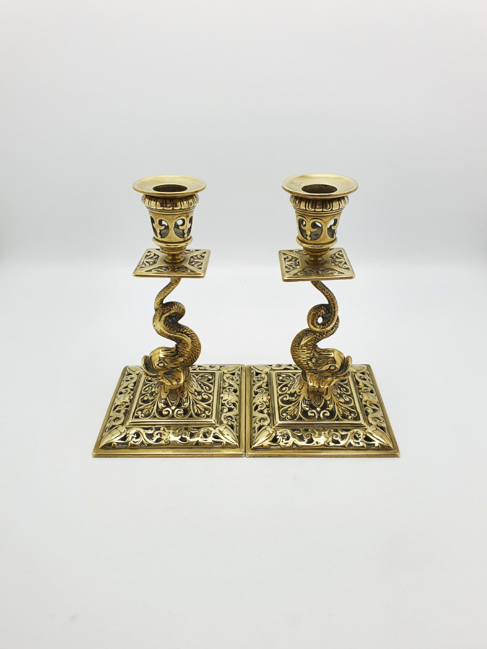 Nice Pair of Victorian Brass Dolphin Candlesticks - 1890 View VIII