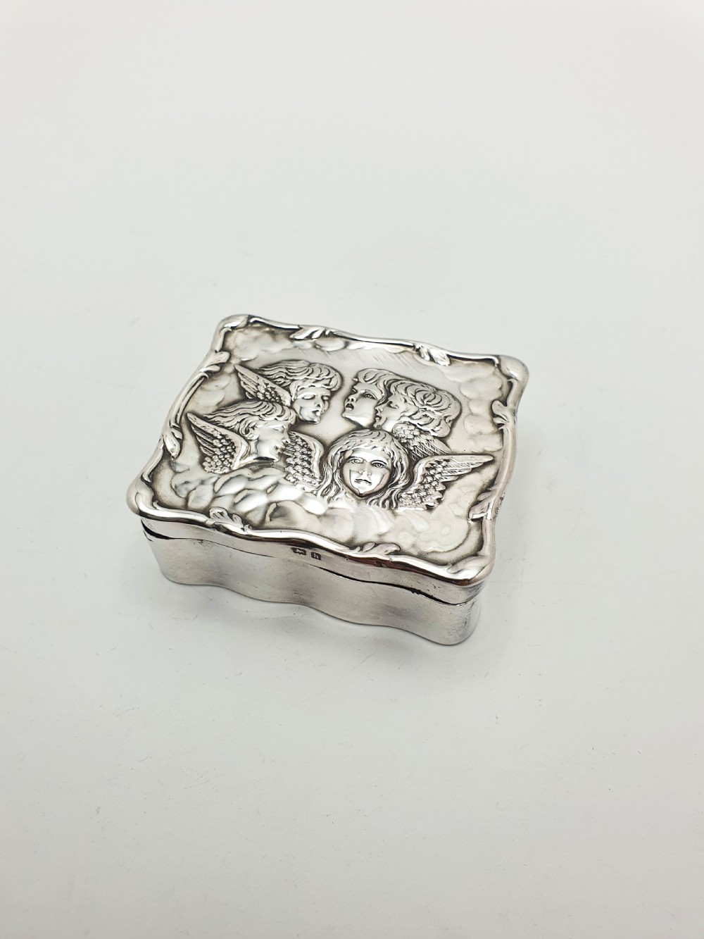 Gorgeous Antique Edwardian Silver Cherub Trinket Box with Velvet Interior - 1907