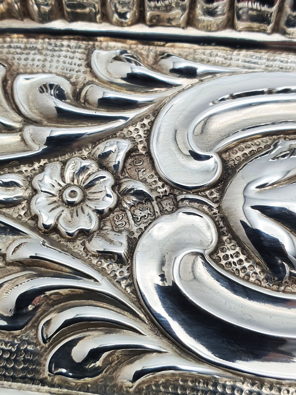 Small Antique Sterling Silver Rococo Revival Oblong Tray - 1902 View V