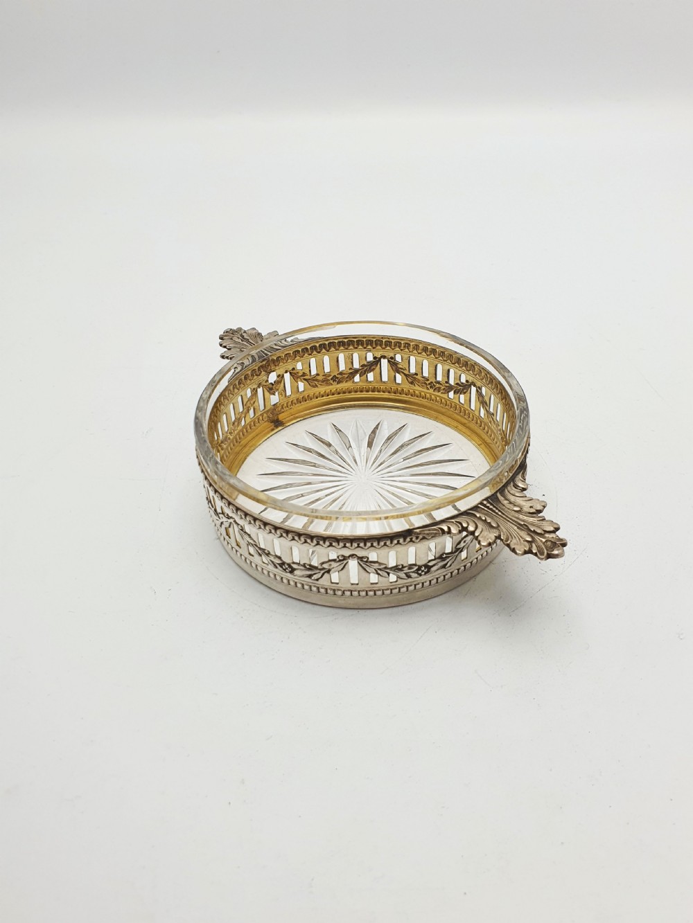 Lovely Antique French Silver & Cut-Glass Butter Dish with Ornate Handles – circa 1920 View II