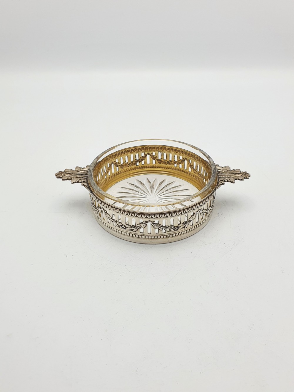 Lovely Antique French Silver & Cut-Glass Butter Dish with Ornate Handles – circa 1920 View III