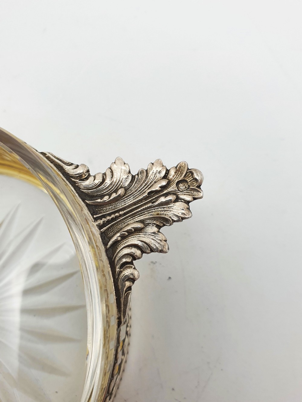 Lovely Antique French Silver & Cut-Glass Butter Dish with Ornate Handles – circa 1920 View IV