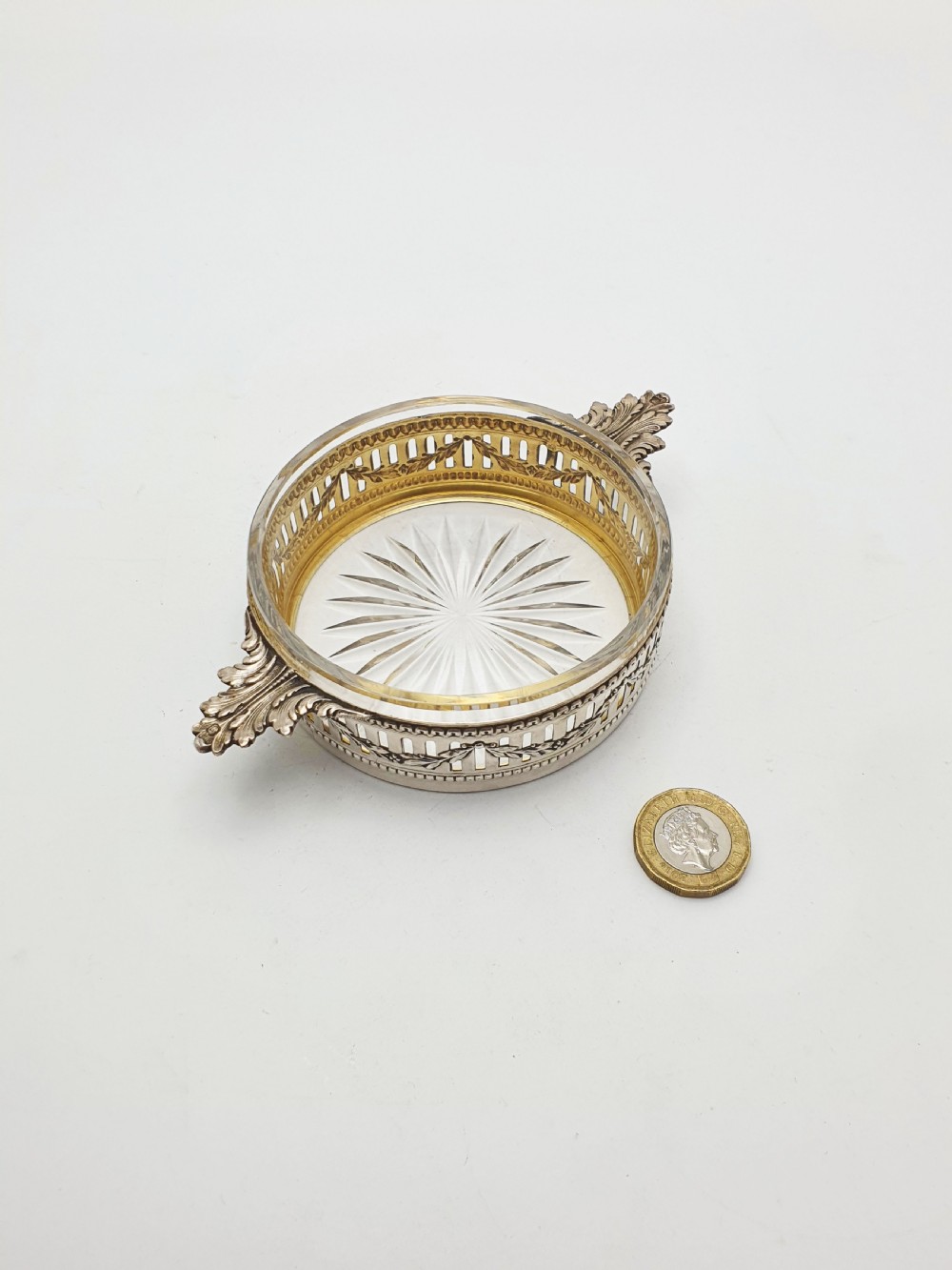 Lovely Antique French Silver & Cut-Glass Butter Dish with Ornate Handles – circa 1920 View VIII