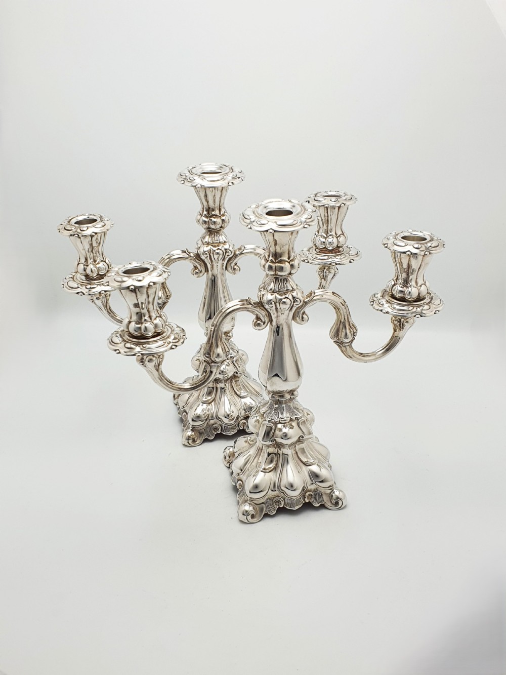 Lovely Pair of Ornate Italian Rococo Revival Style Silver-Plated Candelabra – circa 1920