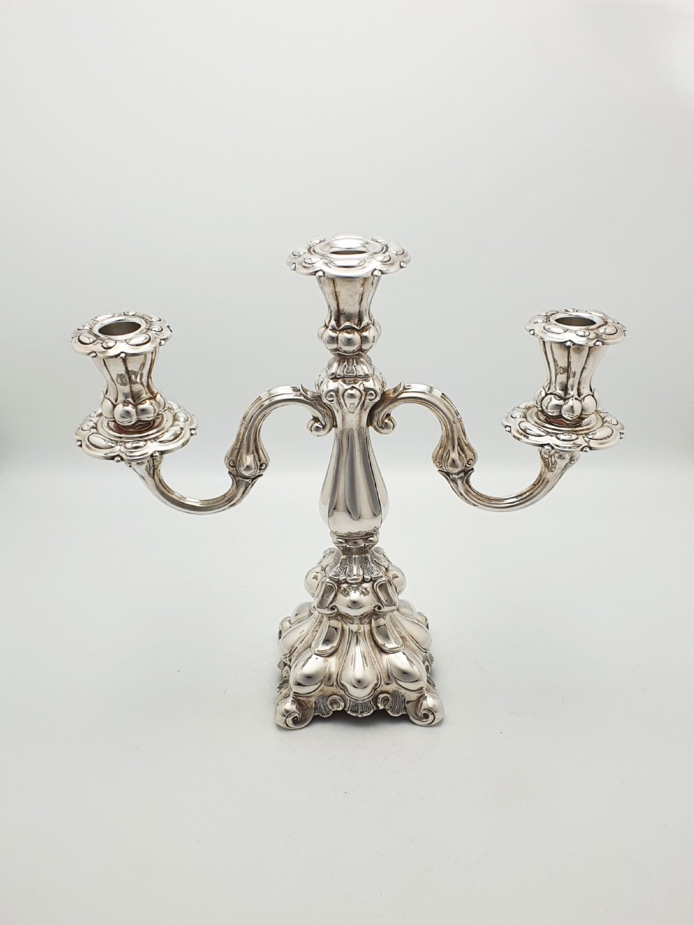 Lovely Pair of Ornate Italian Rococo Revival Style Silver-Plated Candelabra – circa 1920 View III