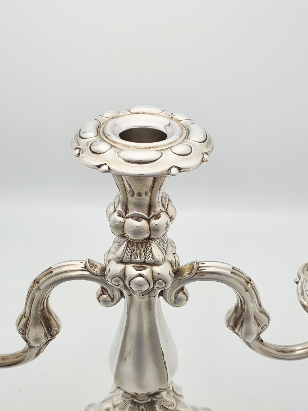 Lovely Pair of Ornate Italian Rococo Revival Style Silver-Plated Candelabra – circa 1920 View VI