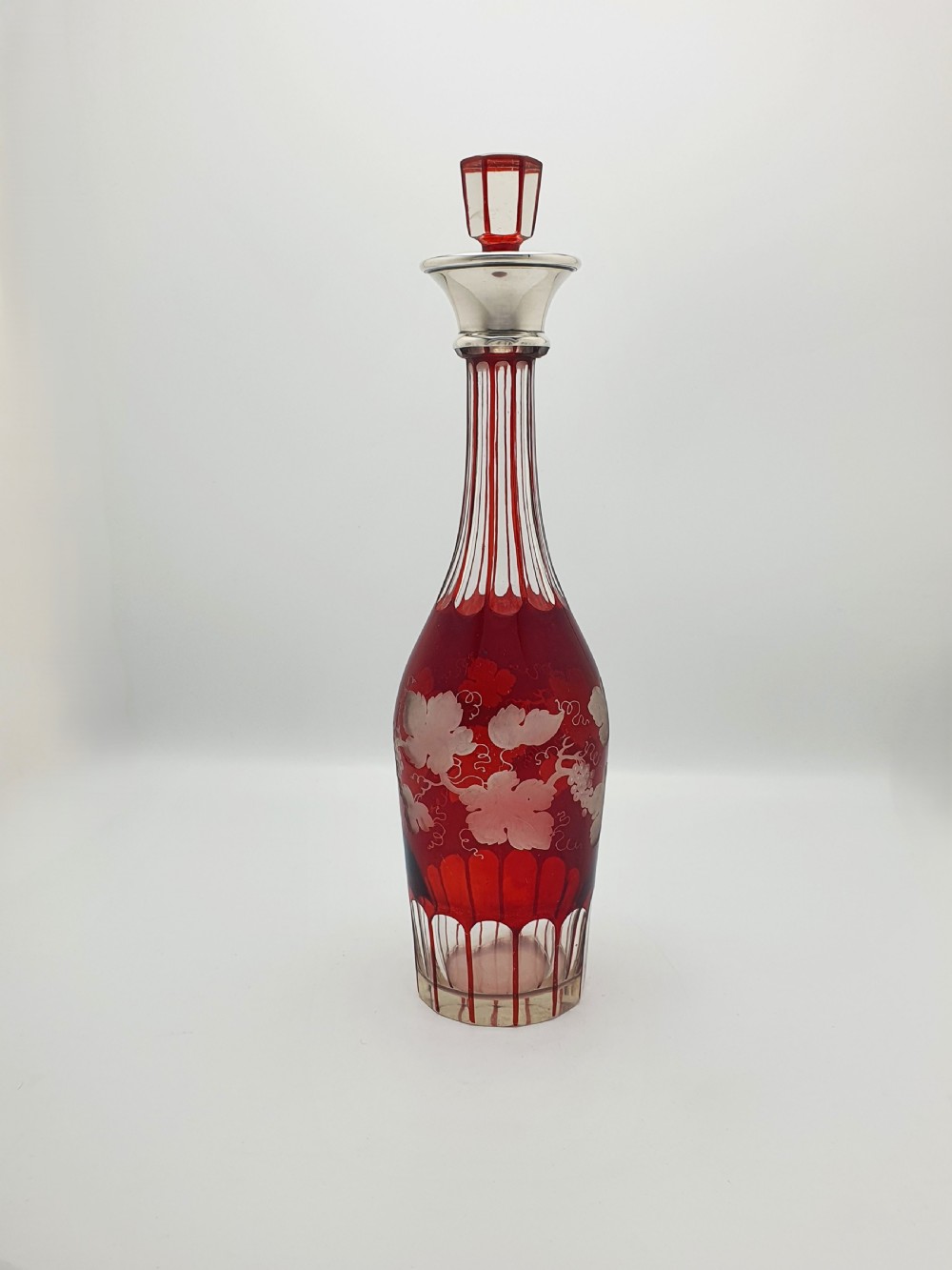 Lovely Bohemian Ruby Cut-to-Clear Decanter with Silver Collar – circa 1900