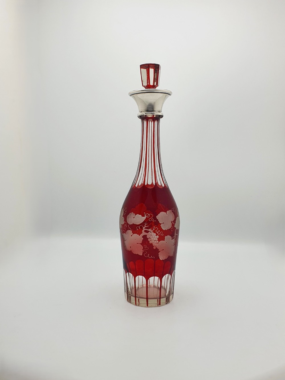 Lovely Bohemian Ruby Cut-to-Clear Decanter with Silver Collar – circa 1900 View II