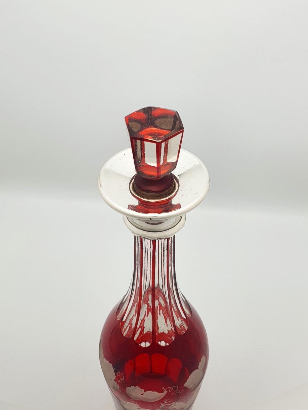 Lovely Bohemian Ruby Cut-to-Clear Decanter with Silver Collar – circa 1900 View III