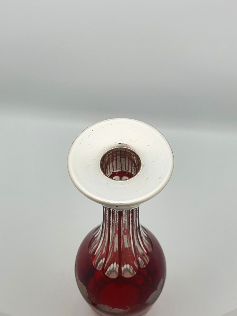 Lovely Bohemian Ruby Cut-to-Clear Decanter with Silver Collar – circa 1900 View V