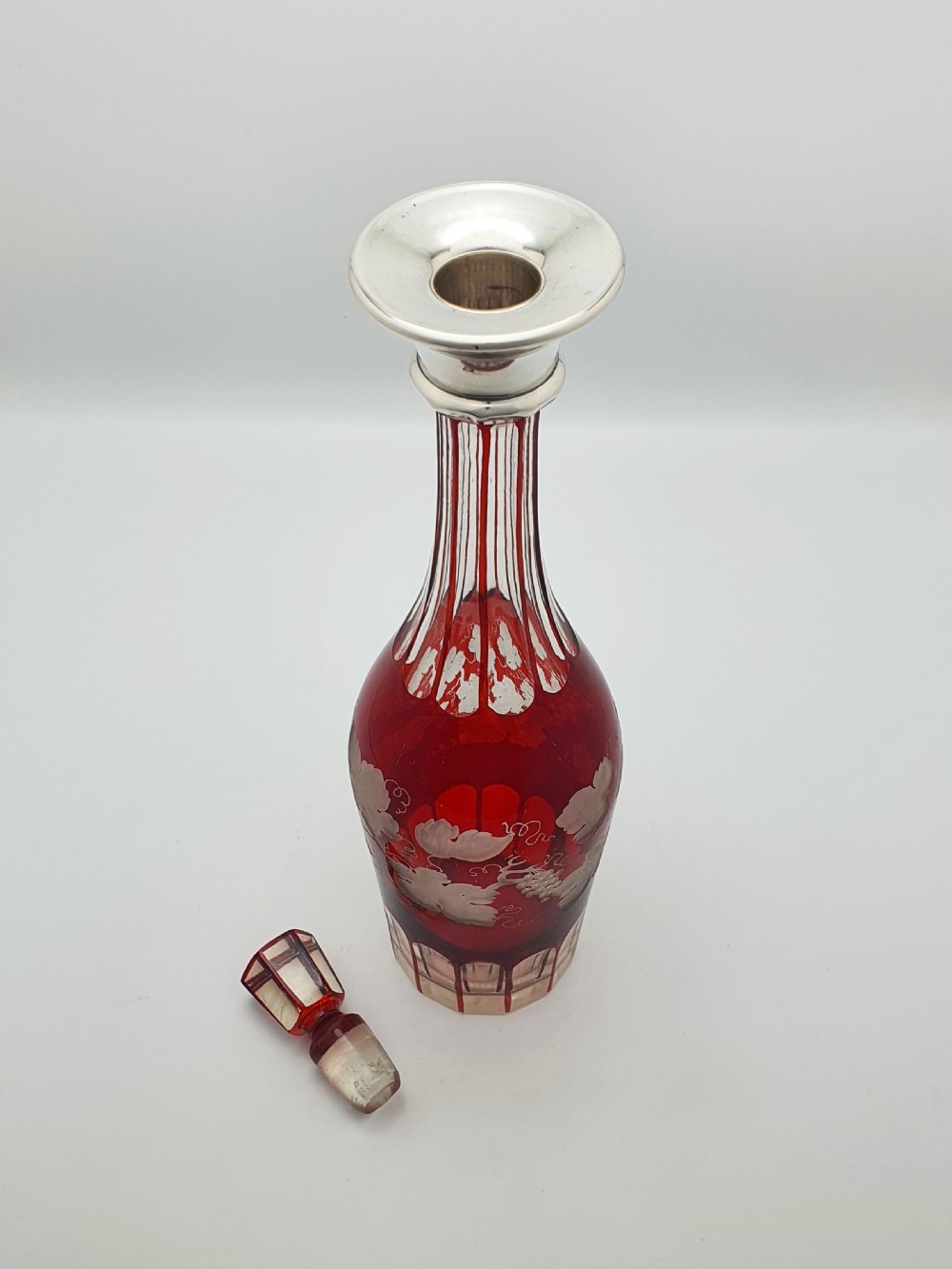 Lovely Bohemian Ruby Cut-to-Clear Decanter with Silver Collar – circa 1900 View VI