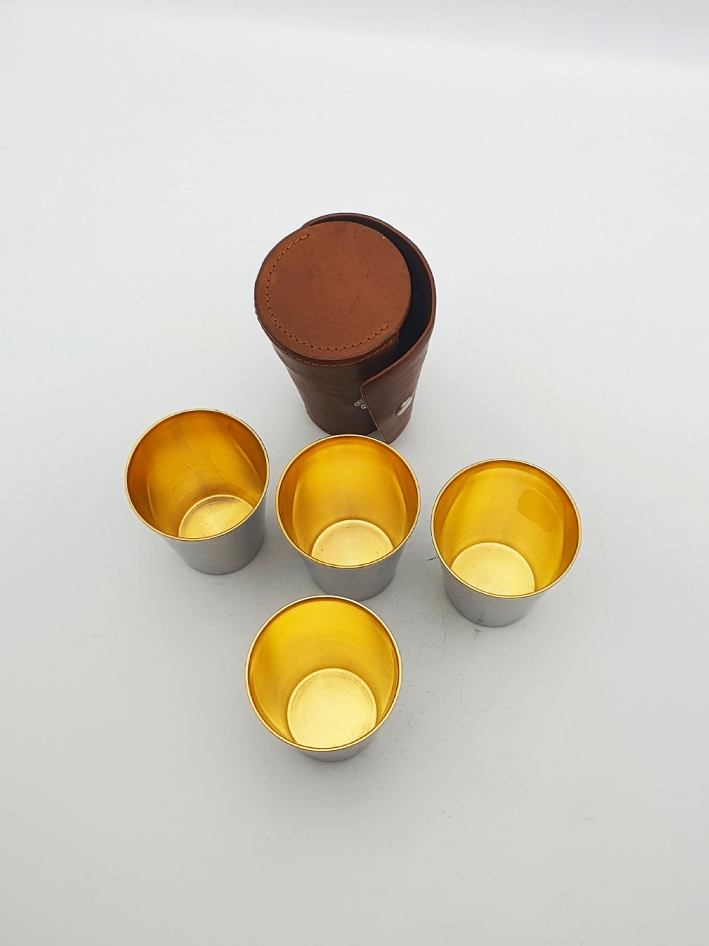 Excellent Vintage Set of Four Silver-Plated Travel Tumblers in Leather Case – circa 1930 View II