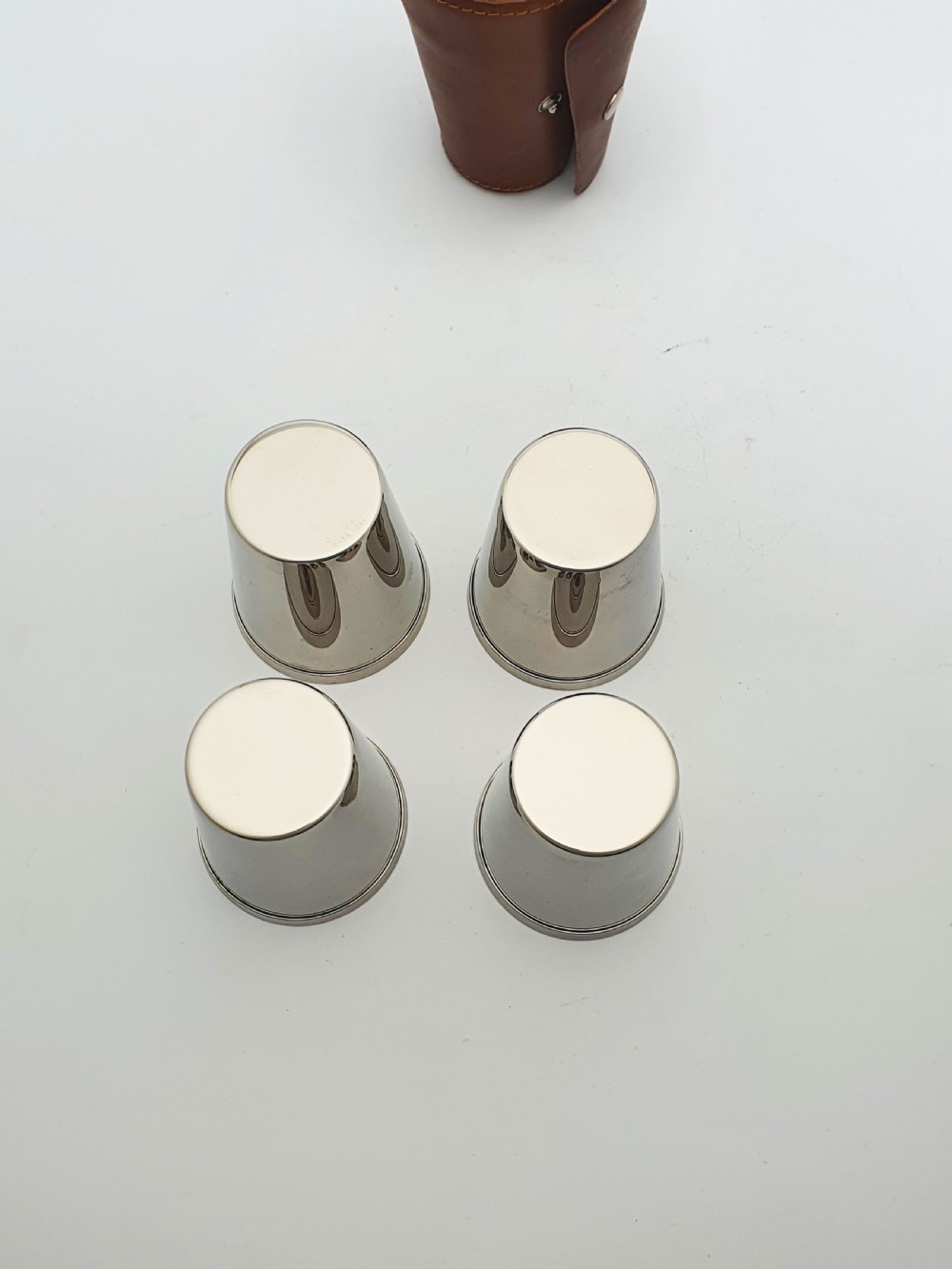 Excellent Vintage Set of Four Silver-Plated Travel Tumblers in Leather Case – circa 1930 View V