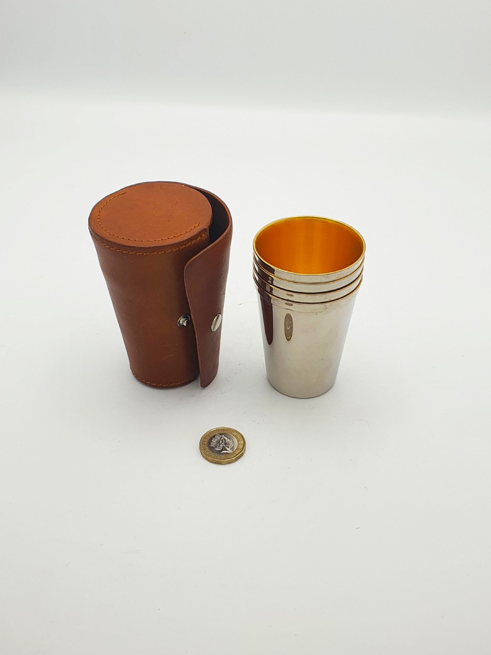 Excellent Vintage Set of Four Silver-Plated Travel Tumblers in Leather Case – circa 1930 View VIII