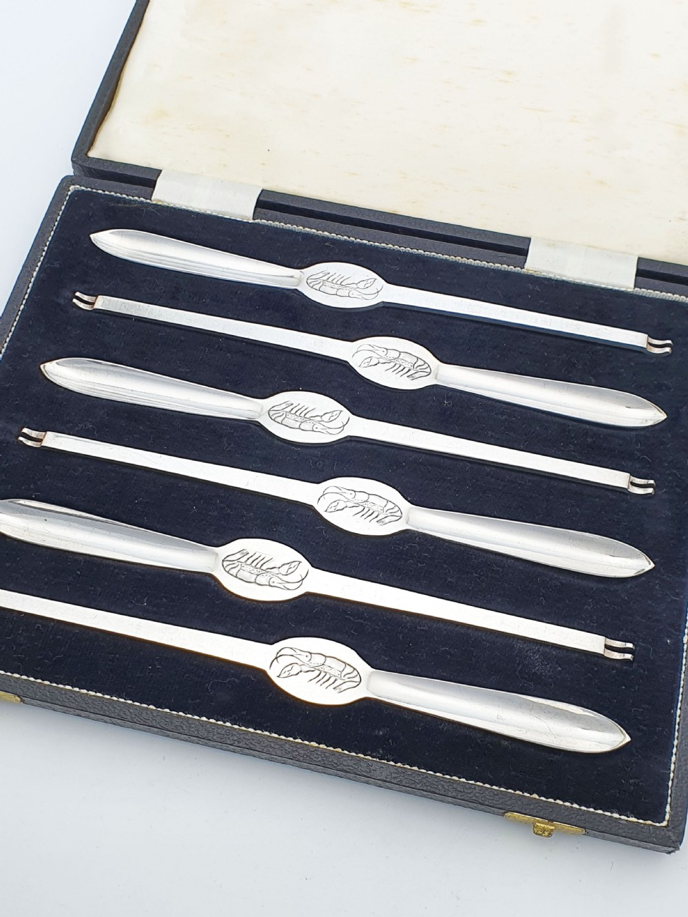 Lovely Cased Set of 6 Antique Silver-Plated Lobster Picks – circa 1920