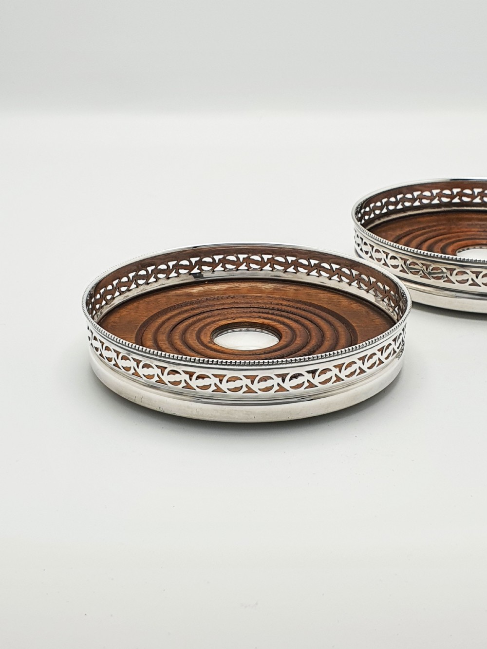 Pair of Antique Silver-Plated Mappin & Webb Wine Coasters with Pierced Gallery – circa 1920 View II