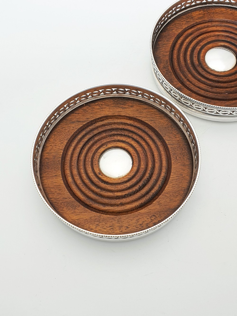 Pair of Antique Silver-Plated Mappin & Webb Wine Coasters with Pierced Gallery – circa 1920 View III