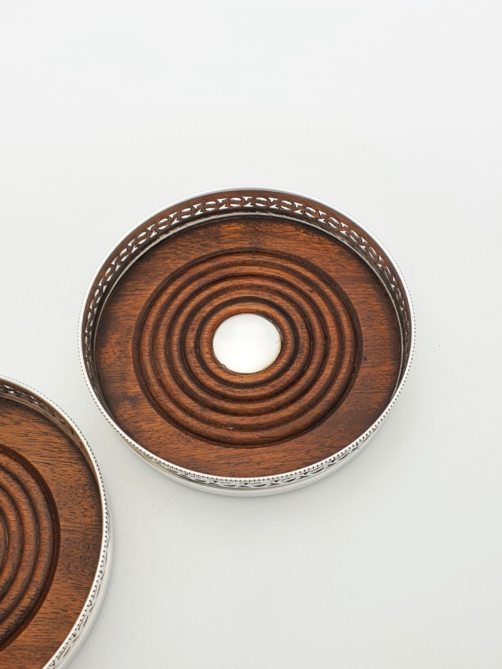 Pair of Antique Silver-Plated Mappin & Webb Wine Coasters with Pierced Gallery – circa 1920 View V
