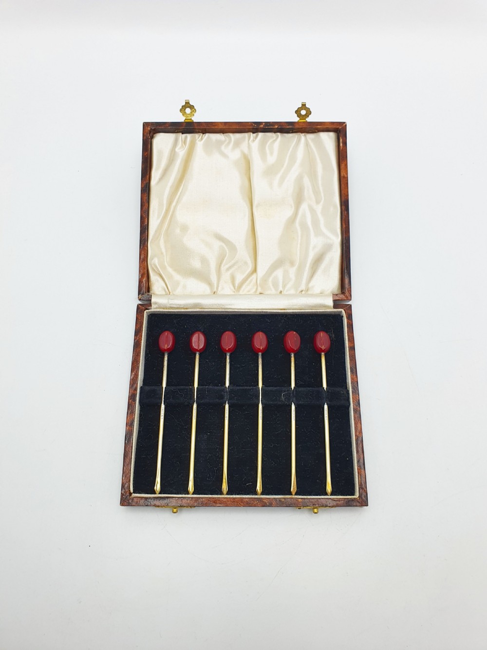 Lovely Boxed Set of Six Antique Silver Gilt & Cherry Red Bakelite Cocktail Sticks – circa 1920 View II