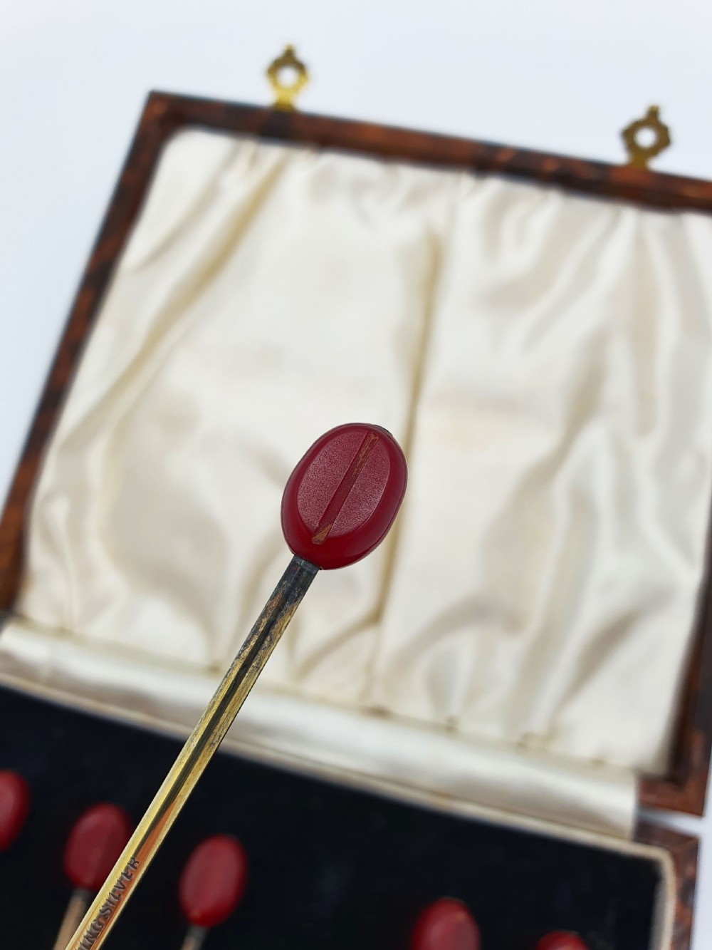 Lovely Boxed Set of Six Antique Silver Gilt & Cherry Red Bakelite Cocktail Sticks – circa 1920 View III