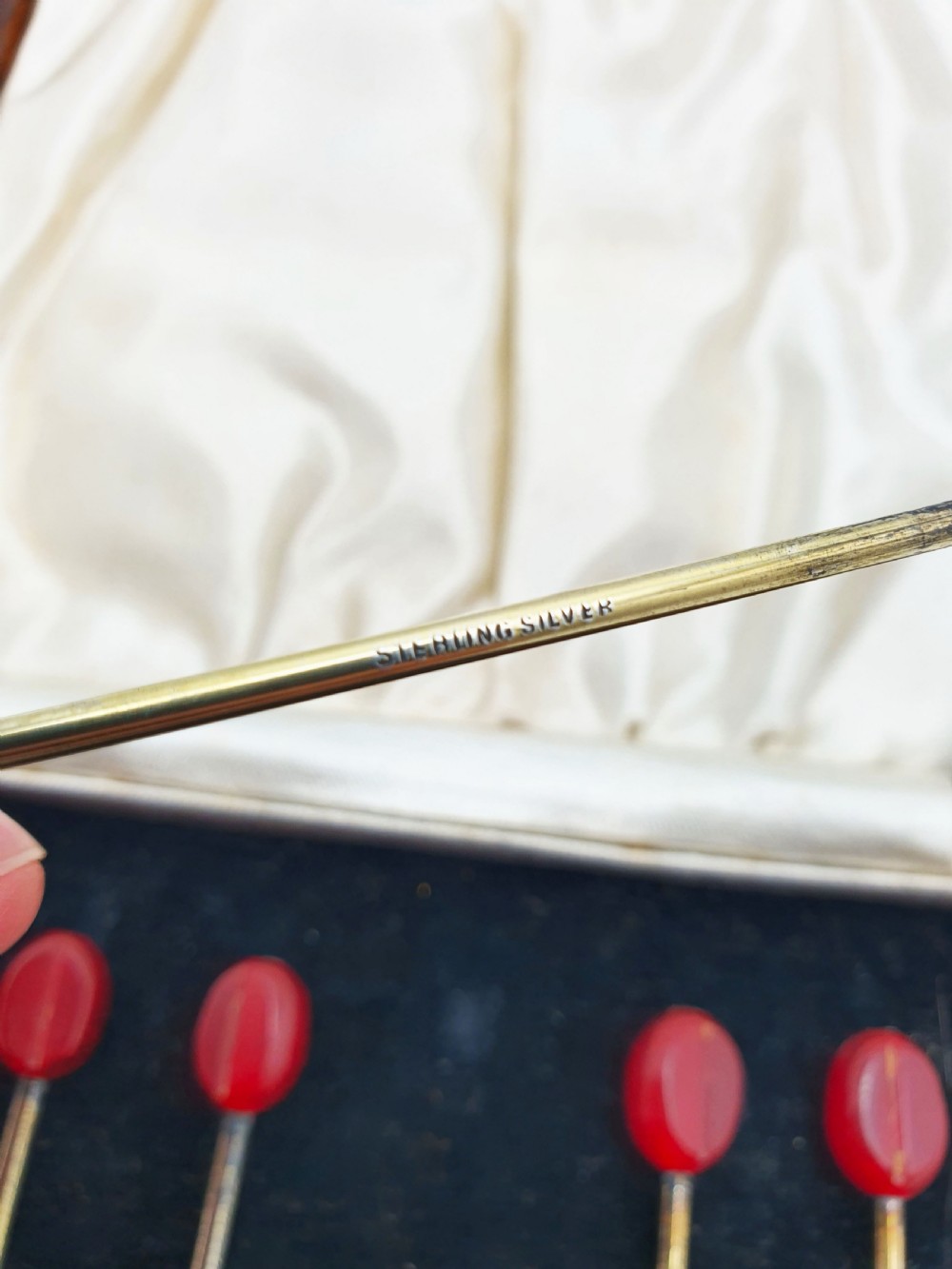 Lovely Boxed Set of Six Antique Silver Gilt & Cherry Red Bakelite Cocktail Sticks – circa 1920 View IV