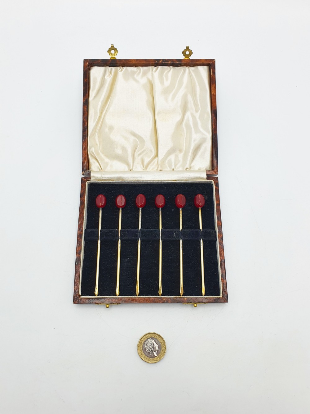 Lovely Boxed Set of Six Antique Silver Gilt & Cherry Red Bakelite Cocktail Sticks – circa 1920 View V