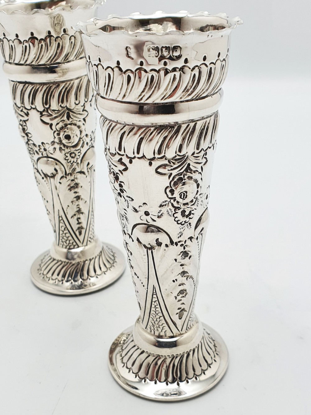 Lovely Pair of Victorian Sterling Silver Posy Vases - 1899 View III