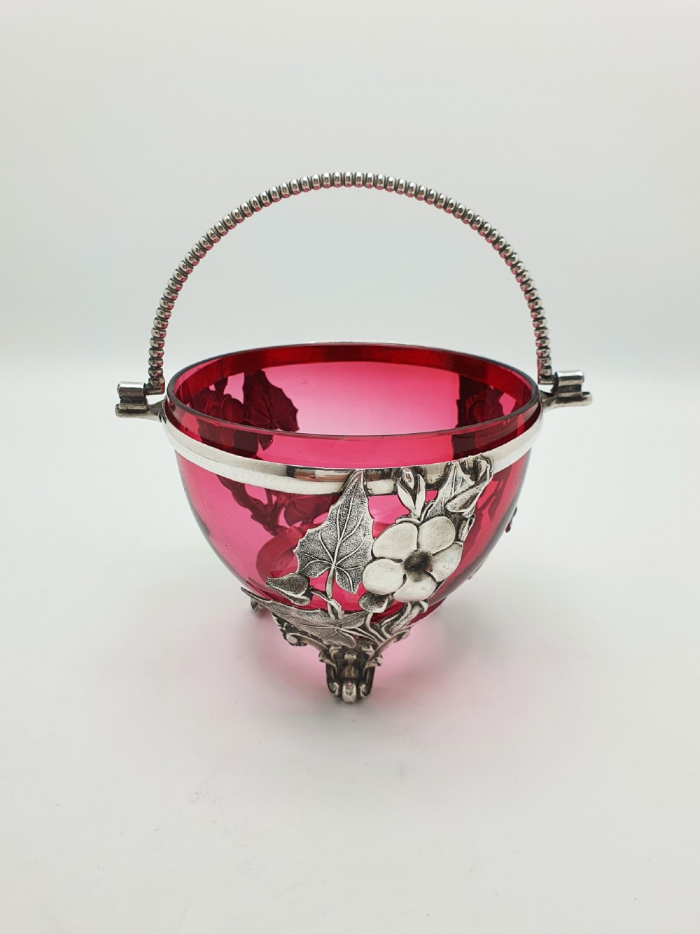 Lovely Antique Victorian Cranberry Glass & Silver Plated Sugar Bowl – circa 1890