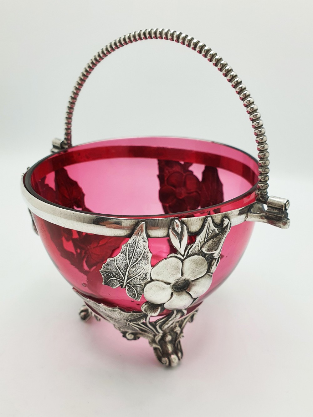 Lovely Antique Victorian Cranberry Glass & Silver Plated Sugar Bowl – circa 1890 View II