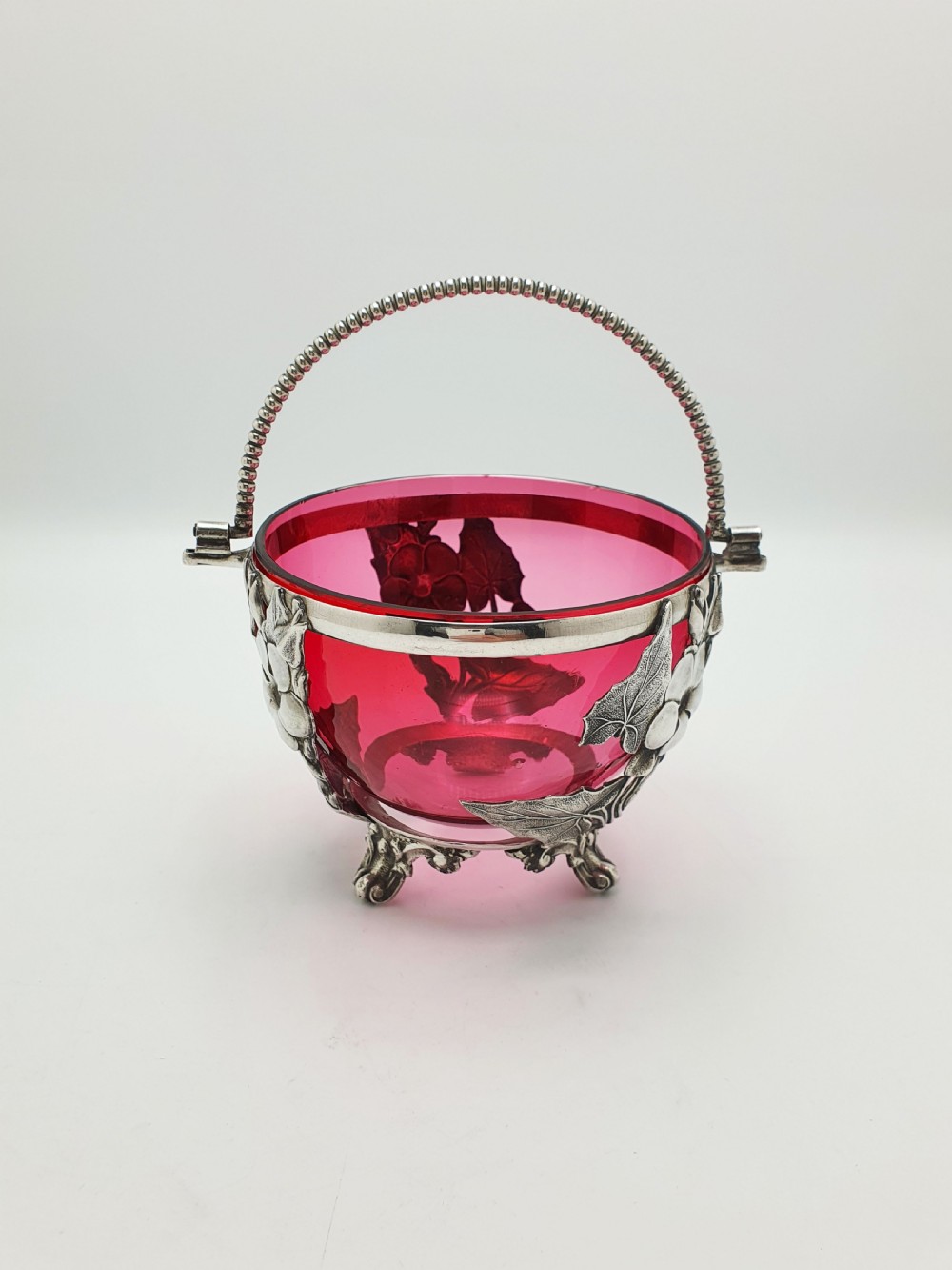 Lovely Antique Victorian Cranberry Glass & Silver Plated Sugar Bowl – circa 1890 View IV