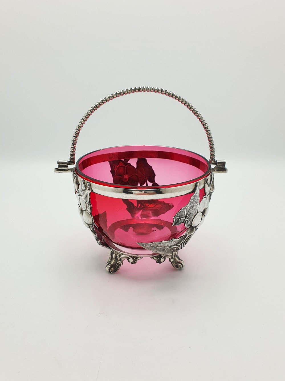 Lovely Antique Victorian Cranberry Glass & Silver Plated Sugar Bowl – circa 1890 View V