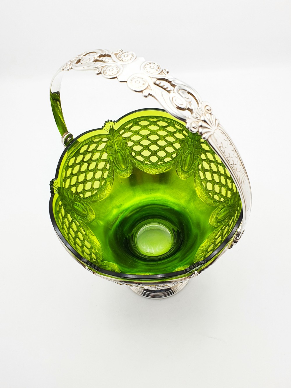 Fabulous Antique WMF Silver-Plated and Green Cut Glass Basket – circa 1910 View V