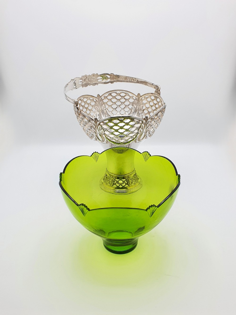Fabulous Antique WMF Silver-Plated and Green Cut Glass Basket – circa 1910 View IX