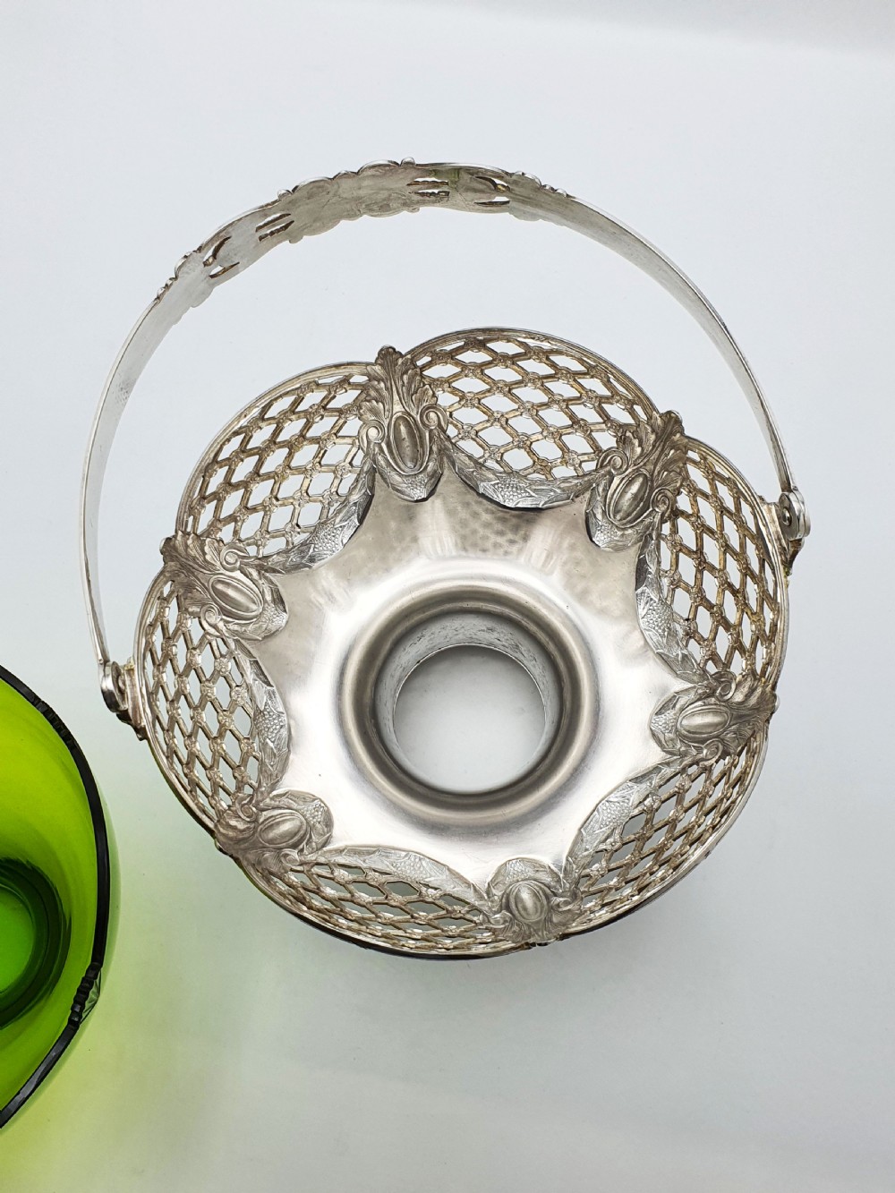 Fabulous Antique WMF Silver-Plated and Green Cut Glass Basket – circa 1910 View XIII