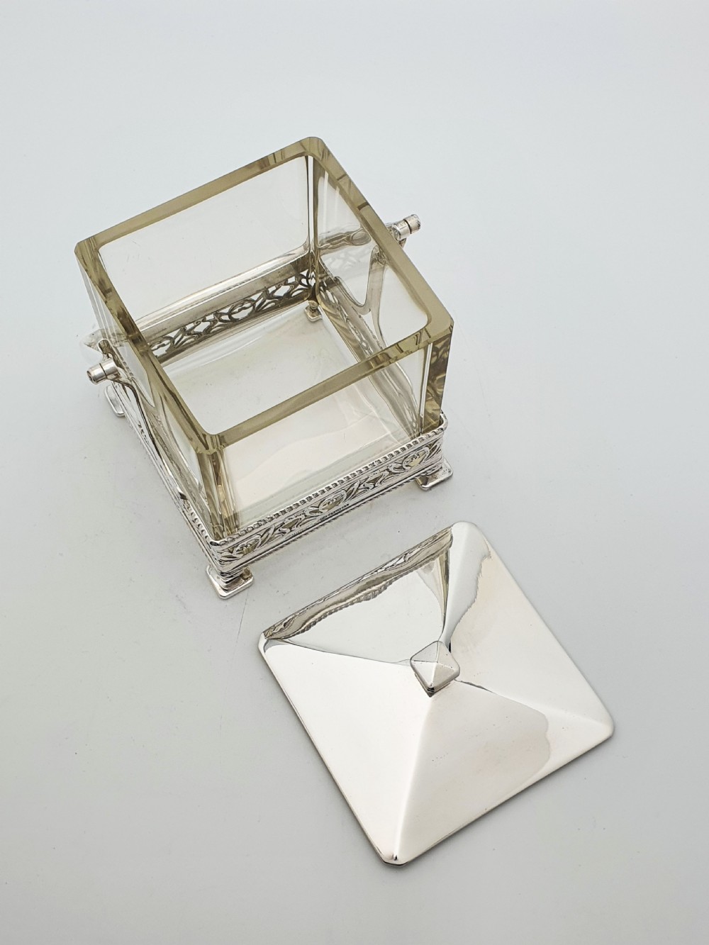 Splendid Art Deco Silver Plate & Glass Biscuit Box – circa 1925 View V