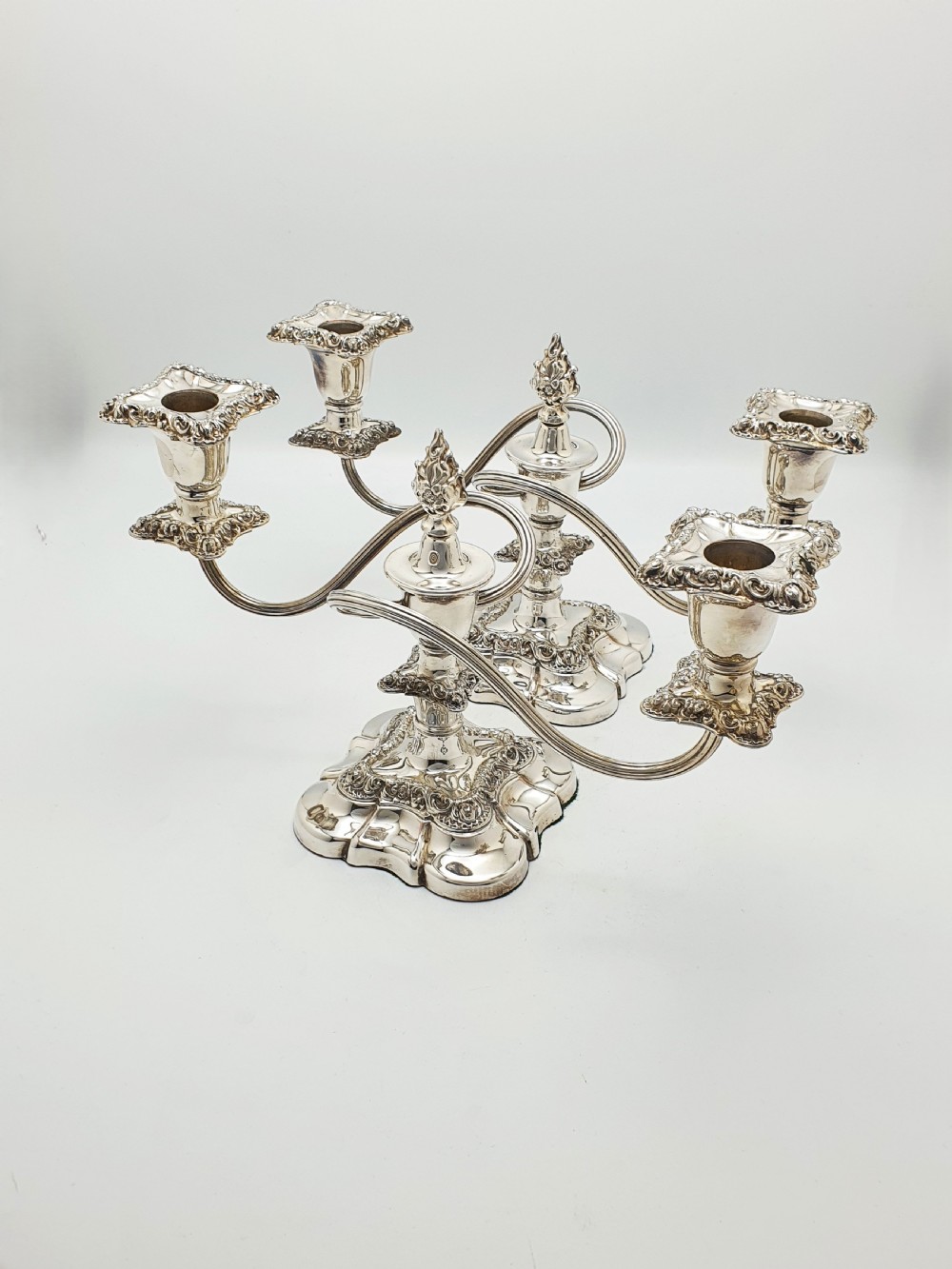 Excellent Pair of Antique Silver-Plated Rococo Revival Low Candelabra – circa 1920 View II