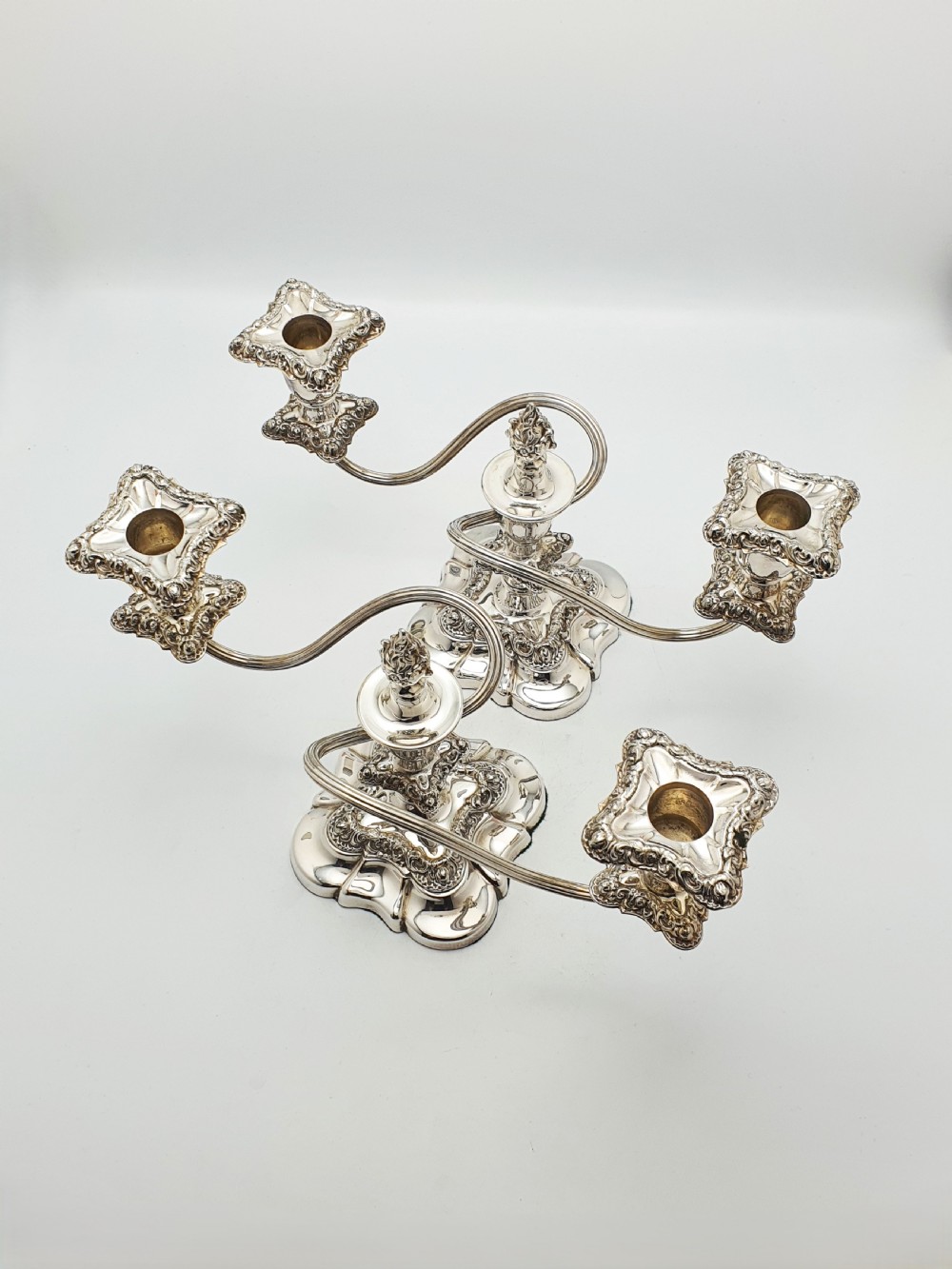 Excellent Pair of Antique Silver-Plated Rococo Revival Low Candelabra – circa 1920 View III