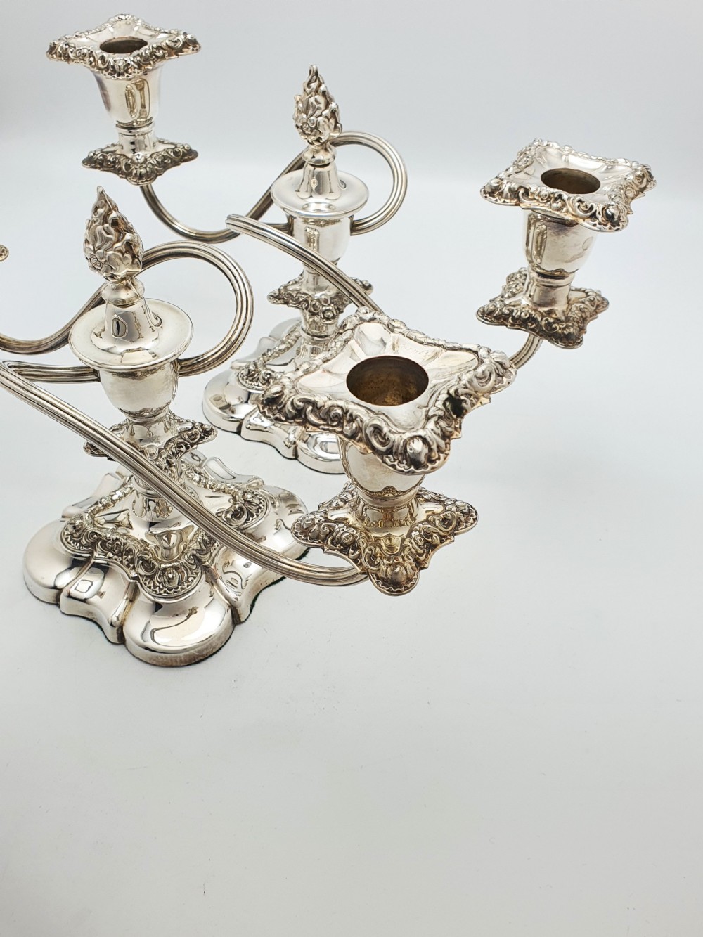 Excellent Pair of Antique Silver-Plated Rococo Revival Low Candelabra – circa 1920 View V