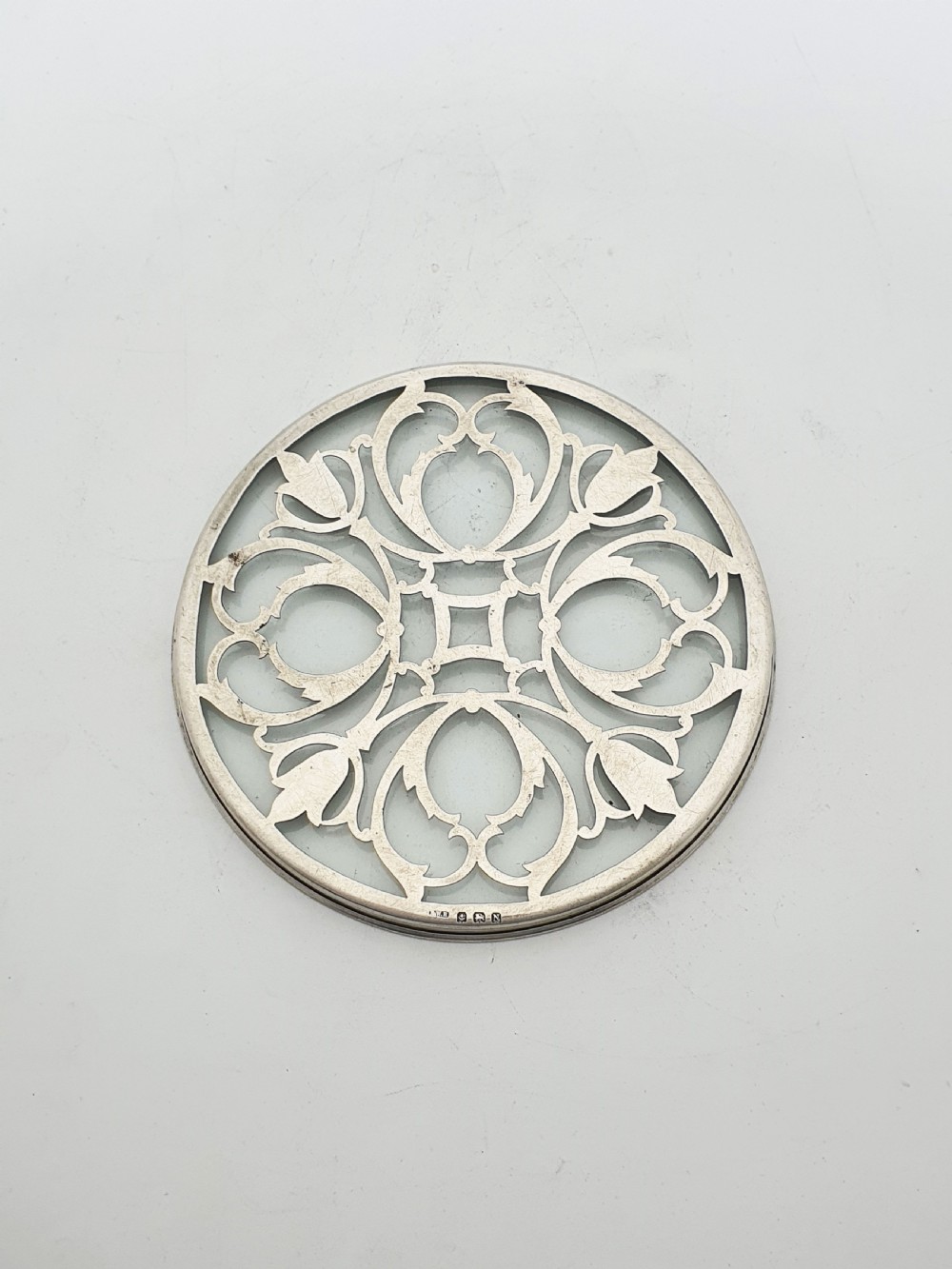 Lovely Sterling Silver and Glass Coaster with Pierced Scrollwork Design - 1937 View II