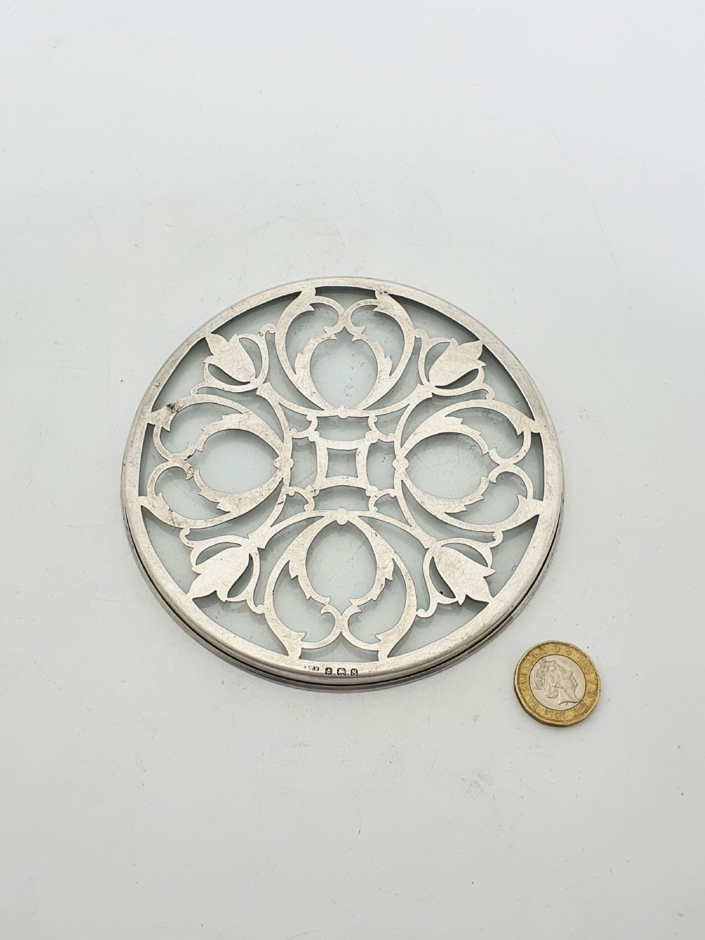 Lovely Sterling Silver and Glass Coaster with Pierced Scrollwork Design - 1937 View V
