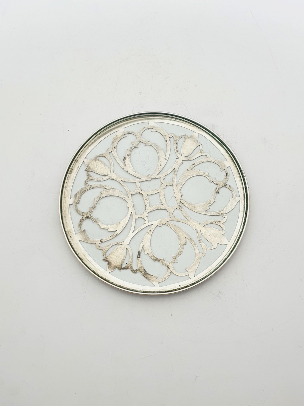 Lovely Sterling Silver and Glass Coaster with Pierced Scrollwork Design - 1937 View VI