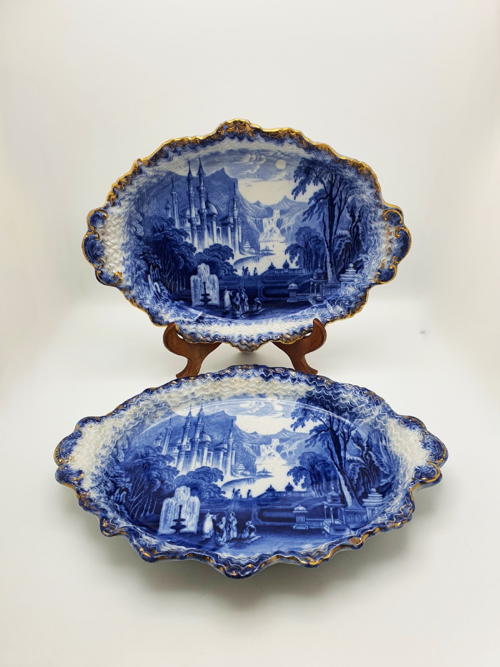 Nice Pair of Victorian Flow Blue Dishes with Gilded Edges – circa 1890 View II