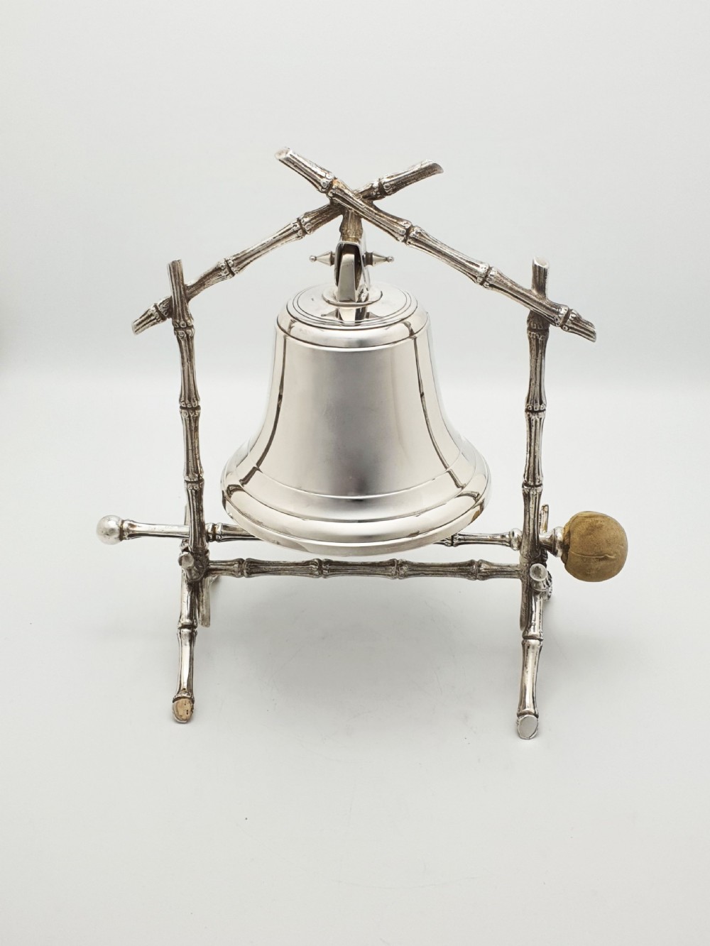 Antique Victorian Silver-Plated Table Gong with Bamboo Frame and Striker – circa 1890 View III