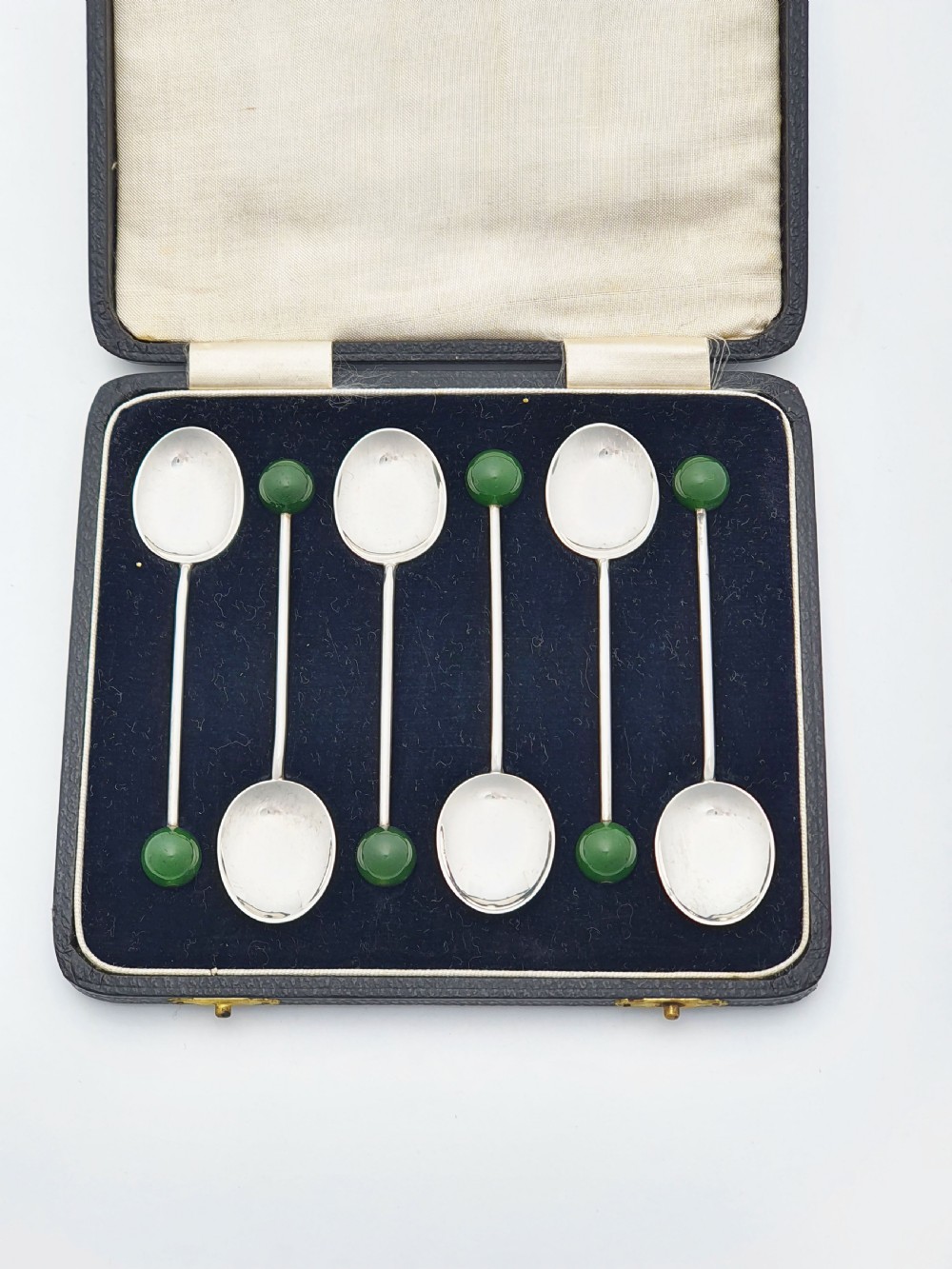 Set of Six Art Deco Solid Silver & Green Jade Coffee Spoons - 1934 View II