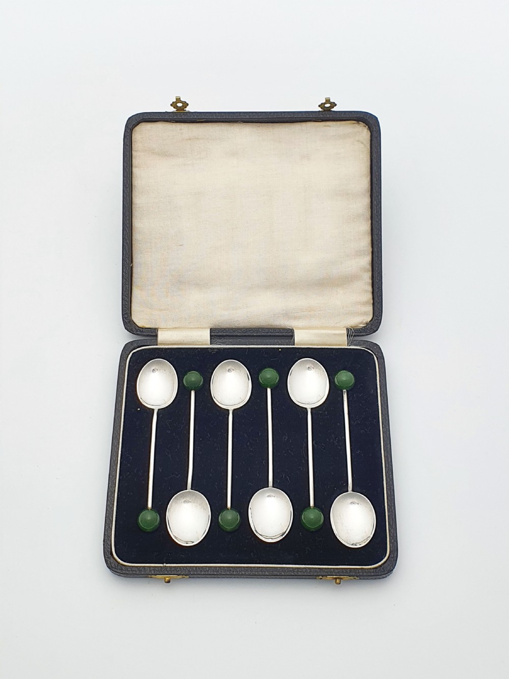 Set of Six Art Deco Solid Silver & Green Jade Coffee Spoons - 1934 View III