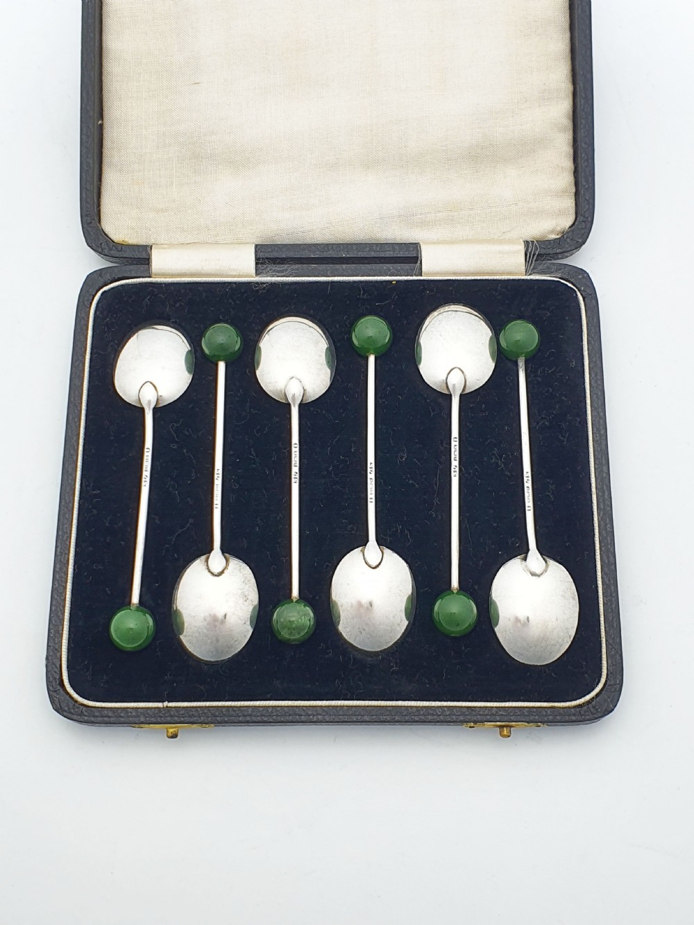 Set of Six Art Deco Solid Silver & Green Jade Coffee Spoons - 1934 View V
