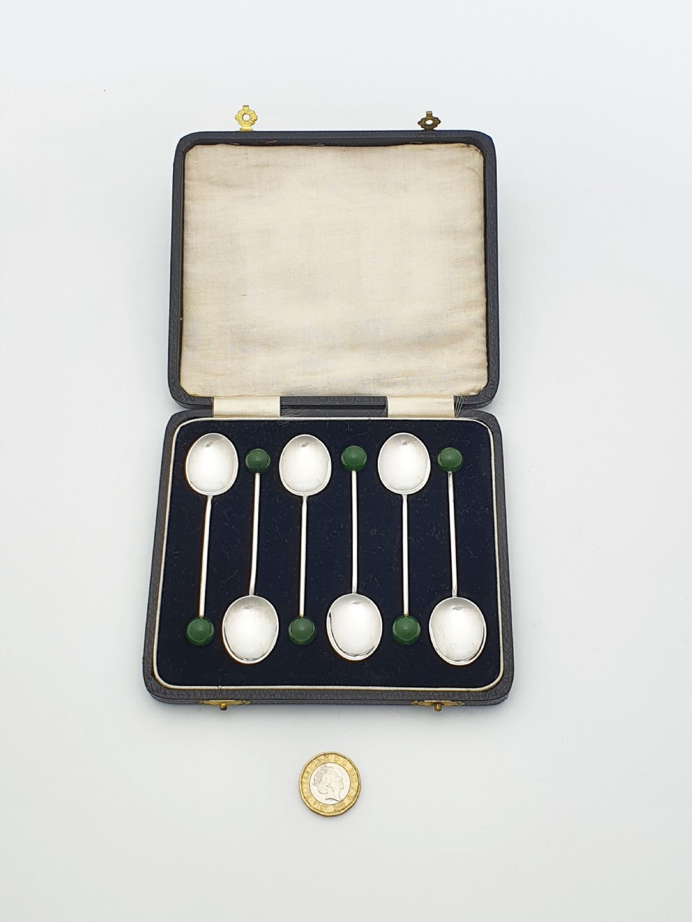Set of Six Art Deco Solid Silver & Green Jade Coffee Spoons - 1934 View VI