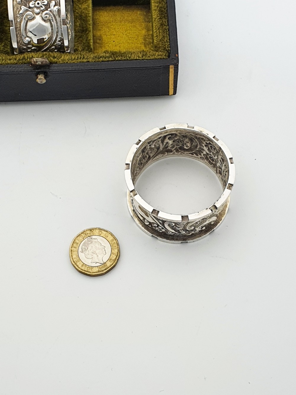 Nice Boxed Set of 6 Ornate Antique Victorian Silver Plated Napkin Rings – circa 1890 View VII